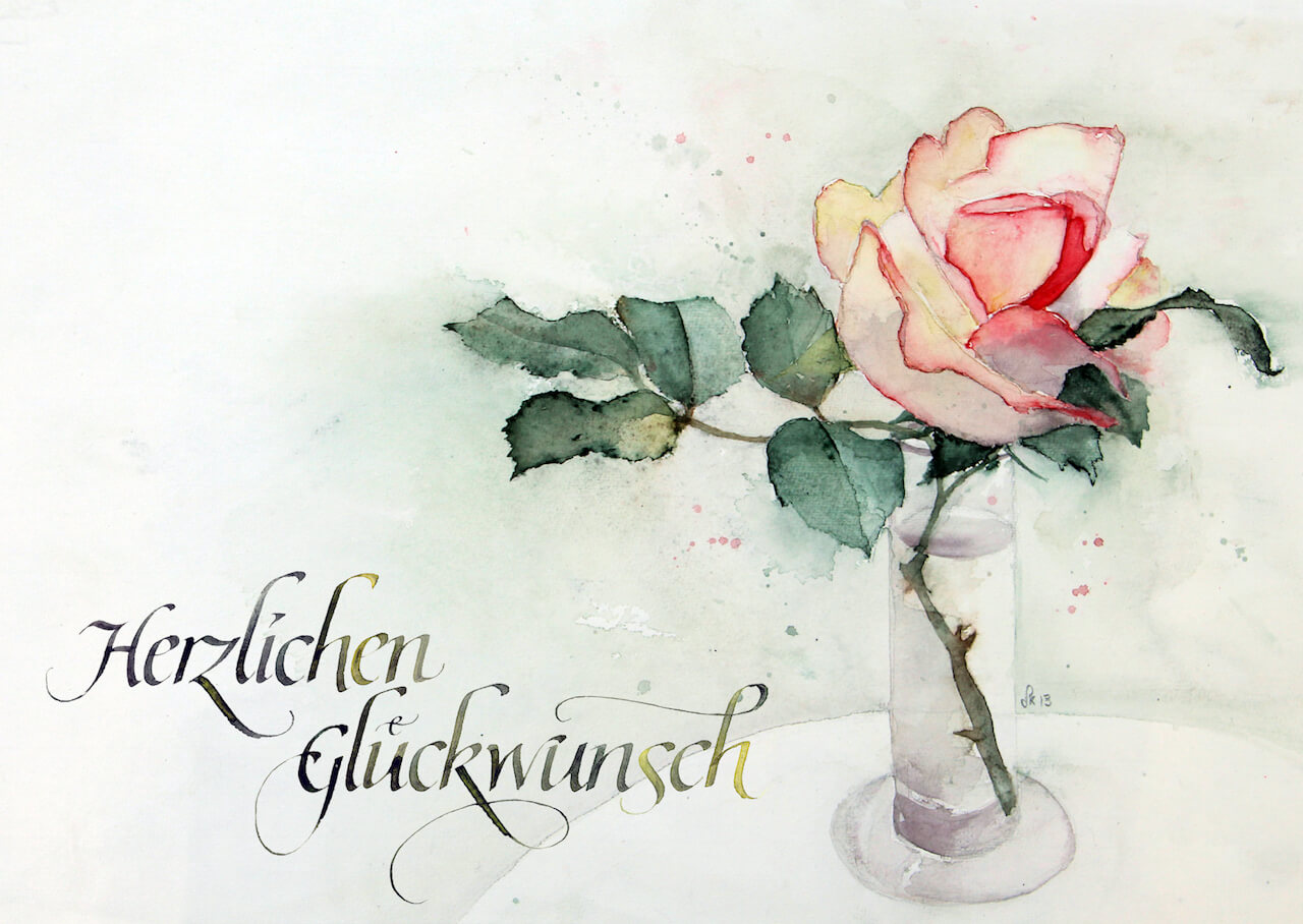 Glückwunschkarte Kalligrafie und Aquarell